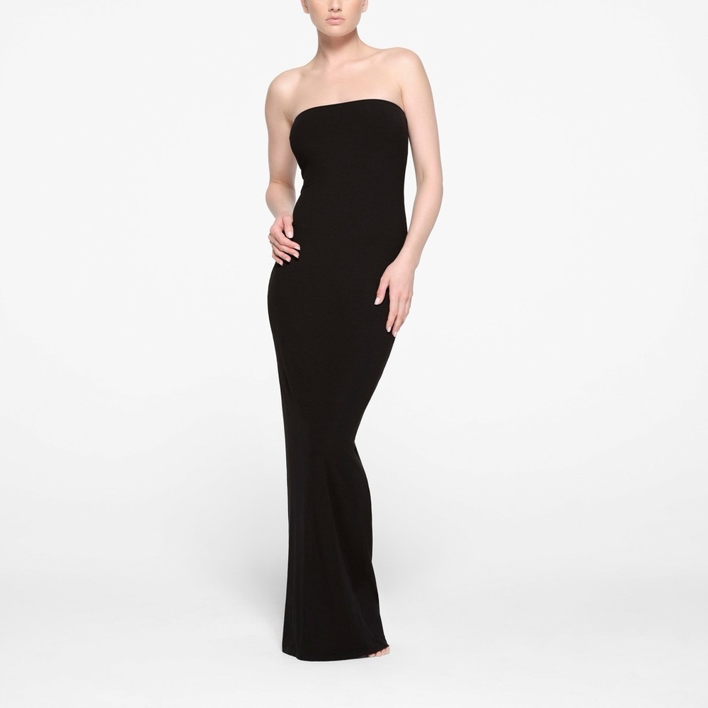 Skims Soft Lounge Tube Dress Maxi Strapless Ribbed Onyx Black M NWT